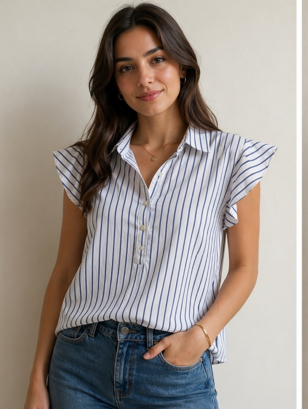 FRAME Short-Sleeve Button-Down Blouse with Ruffles and Blue and White Stripes